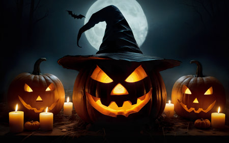 glowing halloween pumpkin in witch hat, halloween concept, mystical backgroundの素材