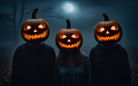 halloween concept, people in festive costumes for halloween holiday, glowing pumpkin head on mystical foggy backgroundの素材
