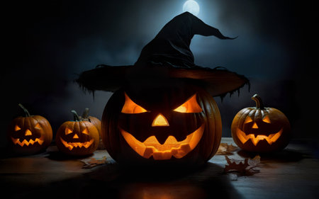 glowing halloween pumpkin in witch hat, halloween concept, mystical backgroundの素材