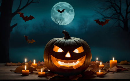 glowing halloween pumpkin on wooden table with candles, autumn leaves on mystical background of moon and fog, bats, halloween holiday conceptの素材