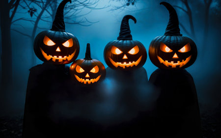 halloween concept, people in festive costumes for halloween holiday, glowing pumpkin head on mystical foggy backgroundの素材