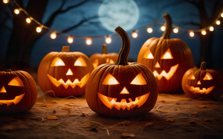 glowing halloween pumpkins on blurred background, halloween holidayの素材