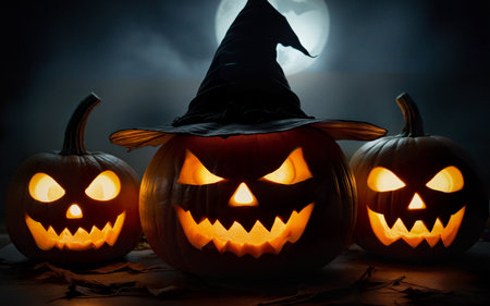 glowing halloween pumpkin in witch hat, halloween concept, mystical backgroundの素材