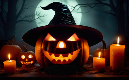 glowing halloween pumpkin in witch hat, halloween concept, mystical backgroundの素材