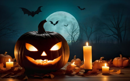glowing halloween pumpkin on wooden table with candles, autumn leaves on mystical background of moon and fog, bats, halloween holiday conceptの素材
