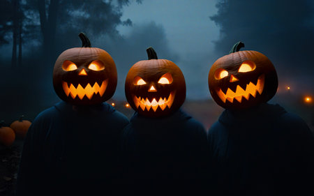 halloween concept, people in festive costumes for halloween holiday, glowing pumpkin head on mystical foggy backgroundの素材