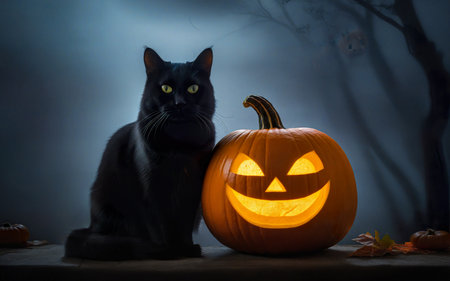 black cat and glowing pumpkin, halloween conceptの素材