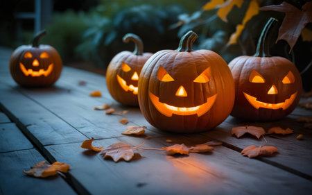 glowing pumpkin on wooden table with space for text, blurred background, halloween conceptの素材