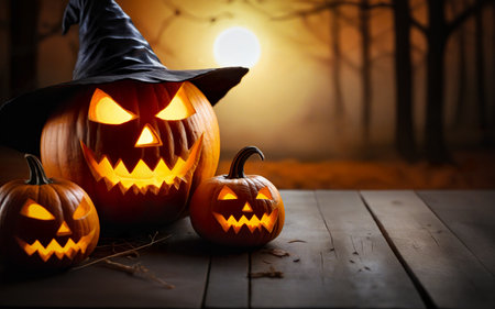 glowing pumpkin in witch hat on wooden table with space for text, blurred background, halloween conceptの素材