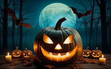 glowing halloween pumpkin on wooden table with candles, autumn leaves on mystical background of moon and fog, bats, halloween holiday conceptの素材