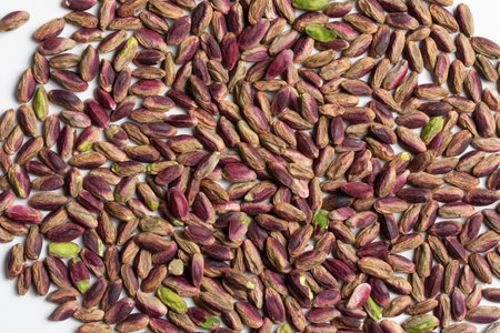 Shelled raw pistachios texture in white backgroundの写真素材