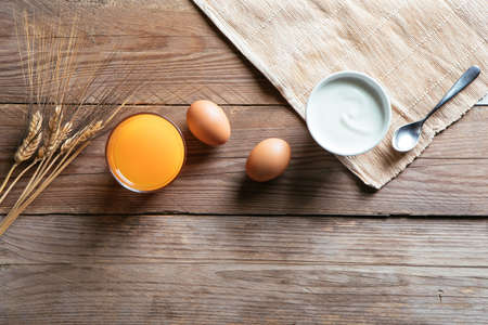 Bakery Ingredients, Table Background, Wood Planks - Raw Wheat Ears, Grain Seeds Sprinkled and in...