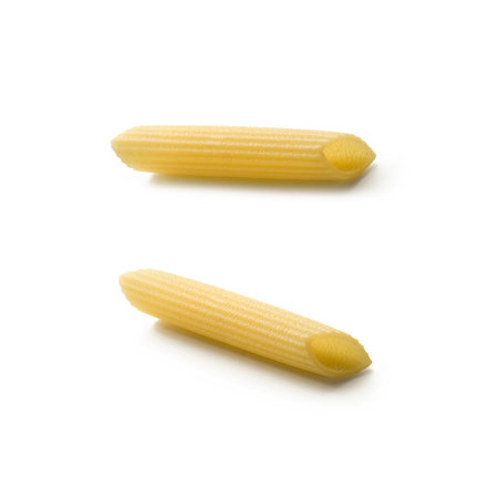 Pasta, Original Italian Pasta of "Penne Rigate" Type, Raw, Uncooked - Macro Close Up, Isolated on White Backgroundの写真素材