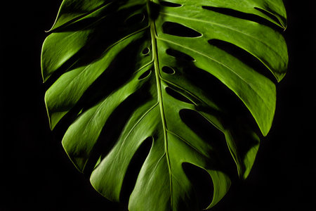 Monstera Deliciosa leaf - detail on black backgroundの写真素材