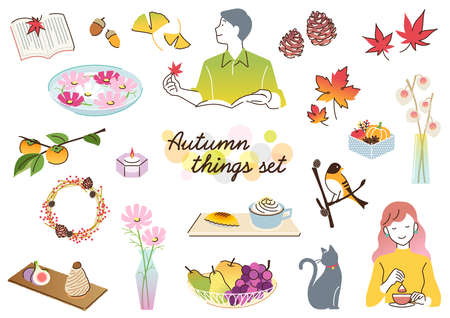 Set of fashionable fruits, sweets, miscellaneous goods, and accessories in autumnのイラスト素材