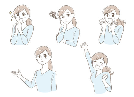 Women: Joy, Trouble, Surprise, Guide, Guts Pose Illustration Set Simple Color Versionのイラスト素材