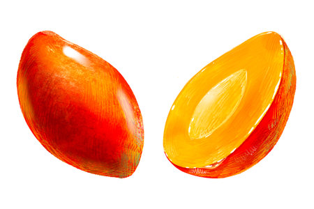Hand-drawn fruit illustration Mango (mango, awn) half with seeds, set of 2の写真素材