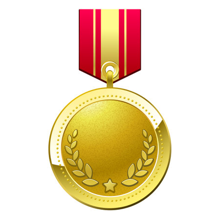 Gold medal with a red ribbon on a white background. Vector illustrationのイラスト素材