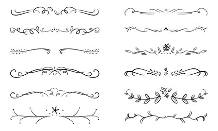 Vintage calligraphic design elements set. Hand drawn vector illustration.Soft and elegant decorative borders with a natural feelのイラスト素材