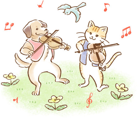 Cute watercolor illustration of a dog and cat playing the violinの写真素材
