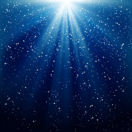 Snow and stars are falling on the background of blue luminous rays Snow and stars are falling on the background of blue luminous rays