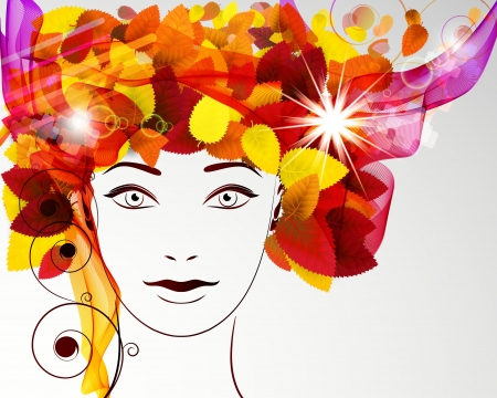 Abstract autumn background. Beautiful woman's face in a wreath of autumn leaves. のイラスト素材