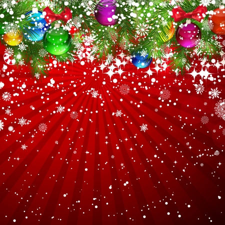 Christmas background with snow-covered branches of Christmas tree, decorated with garlands and balloons.のイラスト素材