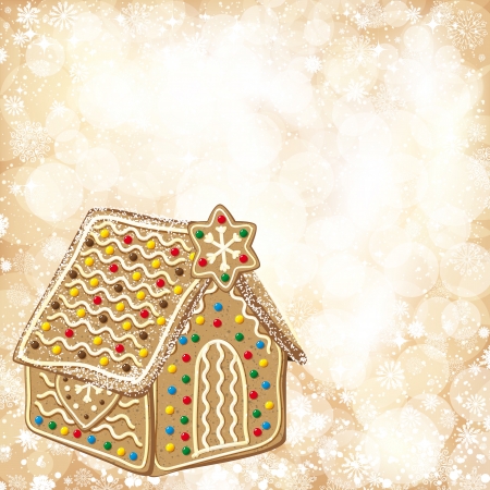 Christmas background with golden lights and gingerbread house.のイラスト素材