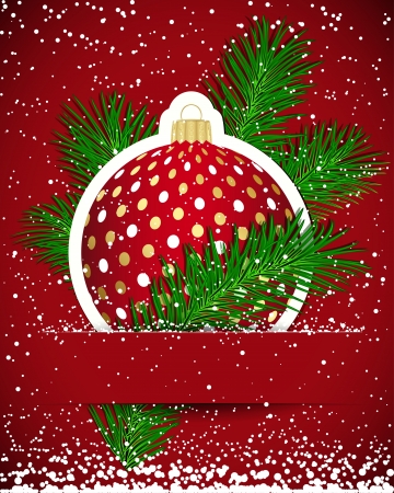 Christmas background. Wticker ball and tree branch inserted into a slot on the paper card. Vector illustration.のイラスト素材