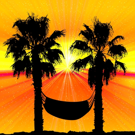 Palms and sunset on tropical background.のイラスト素材