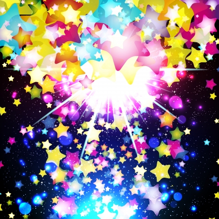Bright colorful flying stars on a fantastic design background.  Illustration.のイラスト素材
