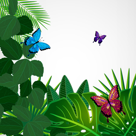 Tropical leaves with butterflies. Floral design background.のイラスト素材