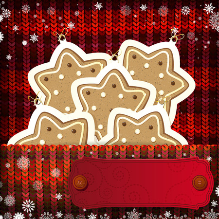 Christmas decorations on handmade knitted background.のイラスト素材