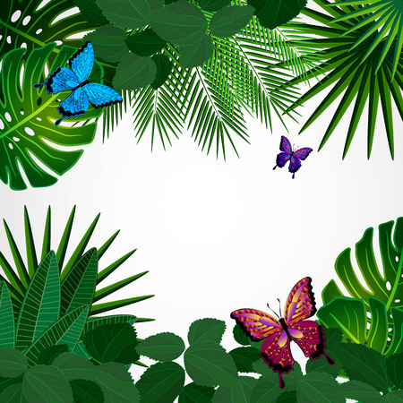 Tropical leaves with butterflies. Floral design background.のイラスト素材
