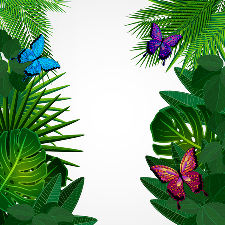 Tropical leaves with butterflies. Floral design background.のイラスト素材