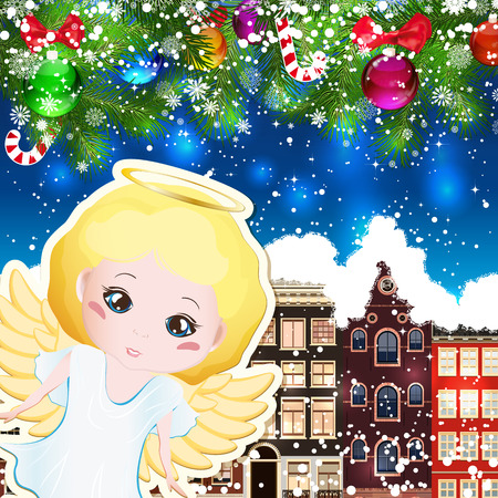 Angel on the background of snow-covered streets. New Year design background. Falling snow.  Holiday illustration with place for text.のイラスト素材