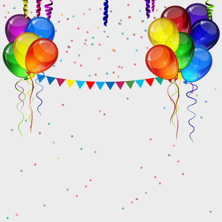 Birthday party vector background - realistic transparency colorful festive balloons, confetti, ribbons flying for celebrations card in isolated white background with space for you text.のイラスト素材