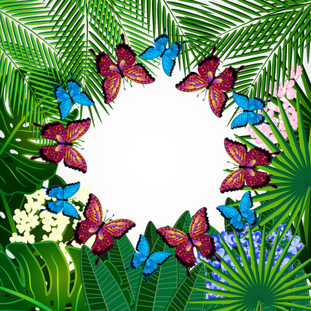 Floral design background. Tropical flowers and butterflies.のイラスト素材