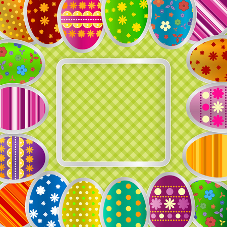 Spring greeting background with Easter eggs. Festive paper images of eggs on a square light frame. Country style green tablecloth. Vector greetings card with the Happy Easter!のイラスト素材