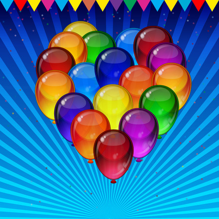 Birthday party vector background colorful festive balloons, confetti, ribbons flying for celebrations card.のイラスト素材
