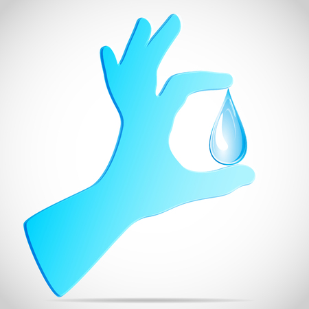 A blue clean glove holds a clean drop of water. Clean vector icon illustration on a white background. Sign abstract symbol.のイラスト素材