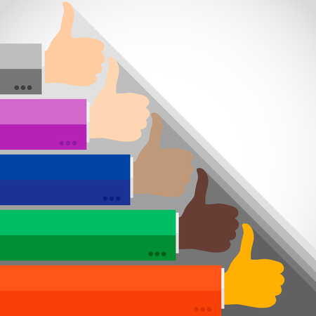 Hands with thumb up, like social media background, web network symbol, vector finger sign, flat icon design illustration.のイラスト素材