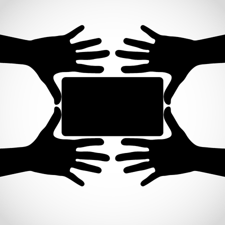 Hands with fingers spread out and card. Vector silhouettes. Element for your design.のイラスト素材