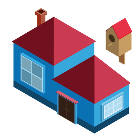 Isometric vector house for a city, summer residence. Four-story roof, windows, door, chimney, birdhouse. Vector icon design for game, card, print, ets. Isolated on white background.のイラスト素材