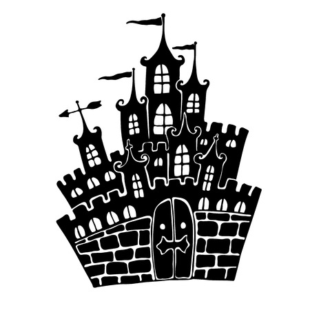 Fairytale Castle. Black silhouette of the castle with the gates, towers, flags. Halloween element design.のイラスト素材