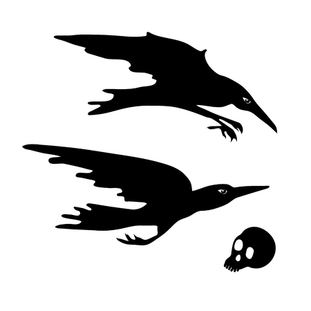 Crows. Skull. Diving, flying crows. Halloween element design.のイラスト素材