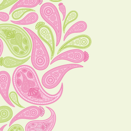 Paisley pink and green vector background,  floral abstract design pattern, indian art ornament.のイラスト素材