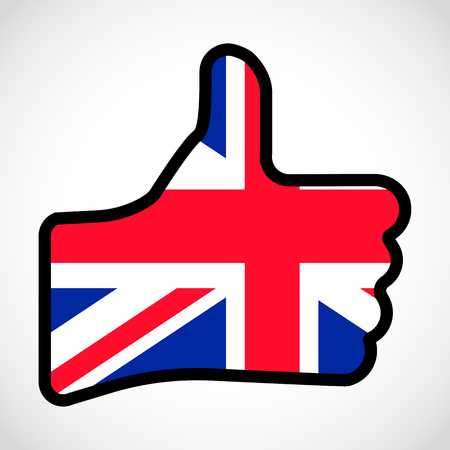 Flag of Great Britain in the shape of Hand with thumb up, gesture of approval, meaning Like, vector finger sign, flat design illustration.のイラスト素材