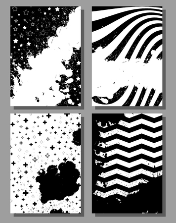 Grunge poster set, striped background with simple geometric elements, patterns fashion trend 80-90s. Vector.のイラスト素材