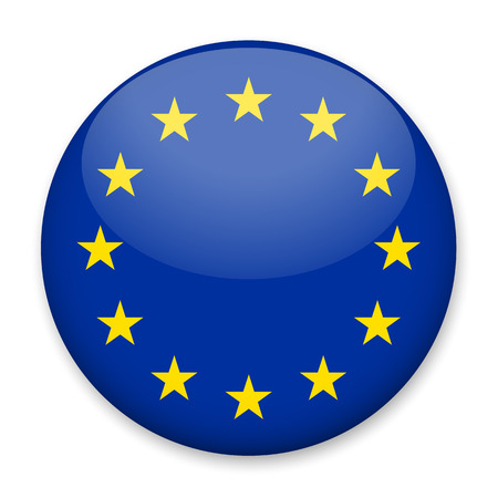 Flag of European Union in the form of a round button with a light glare and a shadow. The symbol of Independence Day, a souvenir, a button for switching the language on the site, an icon.のイラスト素材
